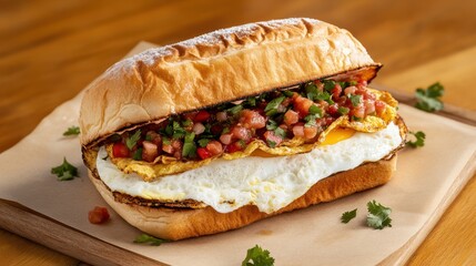 Delicious Sandwich with Eggs Fresh Tomatoes and Melted Cheese Layers