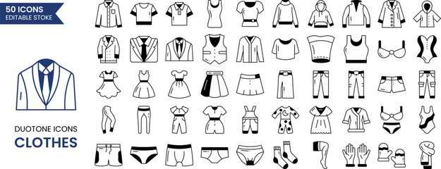 Clothes icon set in duotone style. Containing shirt, polo, blazer, suit, jacket, dress, cardigan, jeans, pants and more. Vector illustration