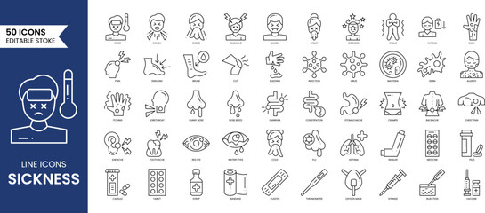 Sickness line editable icon set. Containing fever, allergy, sneeze, infection, diarrhea, flu, pain, dizziness and more. Vector illustration