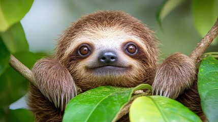 Fototapeta premium Adorable Baby Sloth on a Lush Green Branch