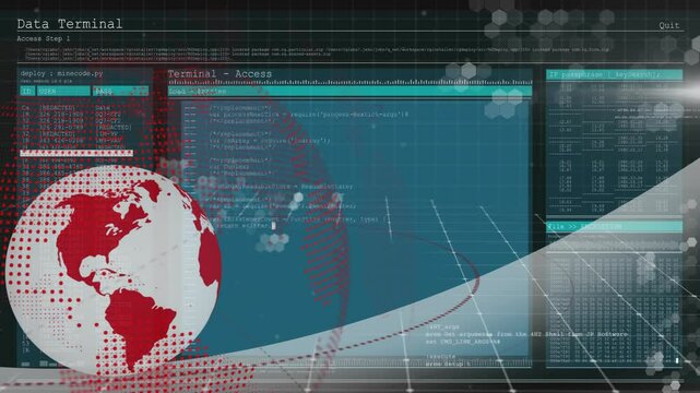 Upon startup globe rotating triggers terminal sliding in with code scrolling and script deploying