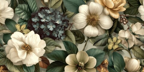 Vintage Botanical Seamless Pattern with Flowers and Leaves in Muted Colors