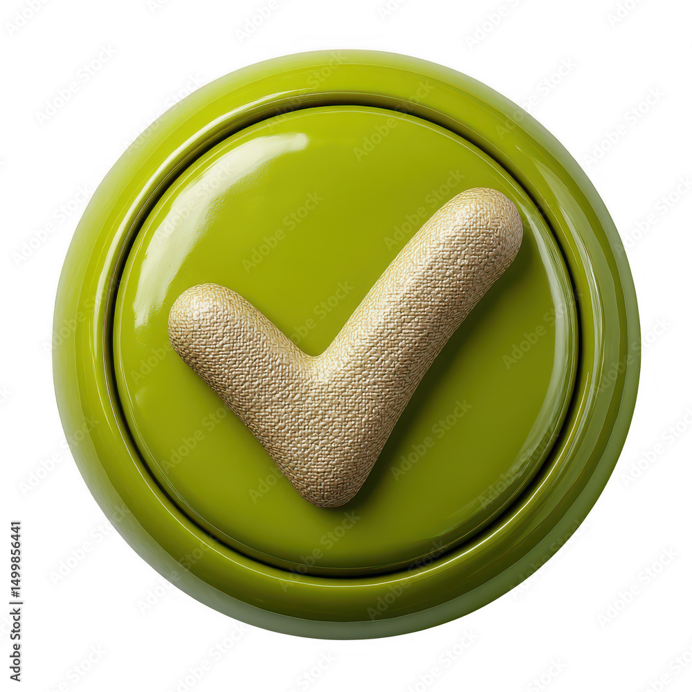 Poster 3d golden checkmark on green button isolated on transparent background