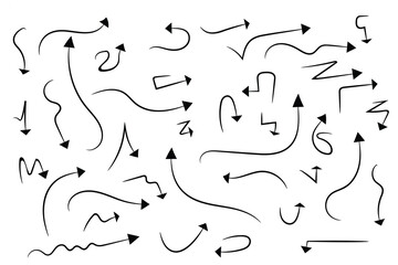 Hand-drawn arrows set with various curved, straight, and zigzag directions in sketch 