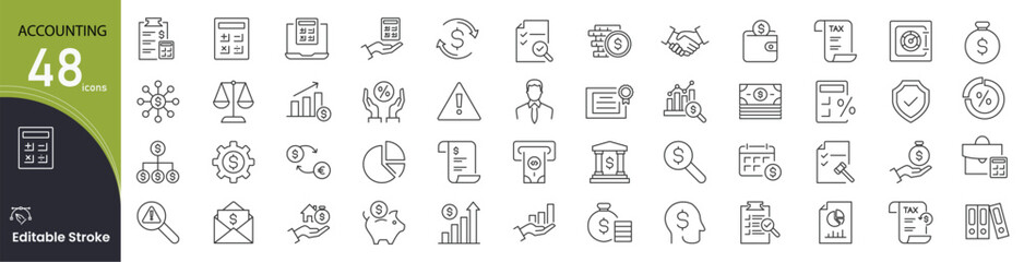 Accounting related icons set. Including budget, tax, invoice, calculator, finance, audit, balance, and ledger. Editable stroke. outline icons.