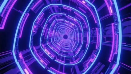Obraz premium A futuristic tunnel with glowing neon lights in blue and purple