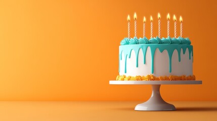 A Delightful Birthday Cake with Turquoise Icing and Eight Candles