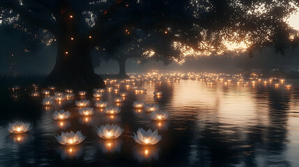 Glowing lotus flowers float on water beneath trees at dusk, creating a serene, magical atmosphere