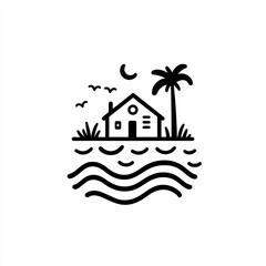 Obraz premium Coastal house illustration, night scene, calm water, tropical getaway