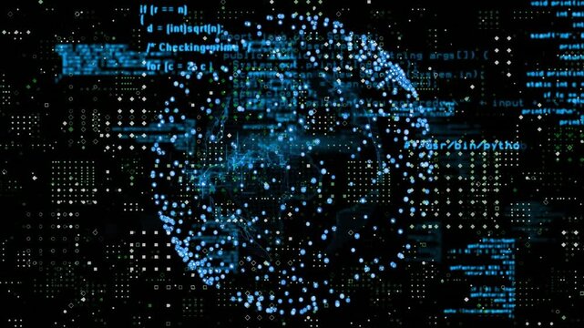 Glowing digital globe emerging from void, streaming code fragments sliding to visualize data flow