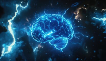 Glowing blue brain, surrounded by electric sparks