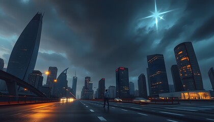Dramatic urban nightscape city skyline photography stormy atmosphere wide angle creative visuals