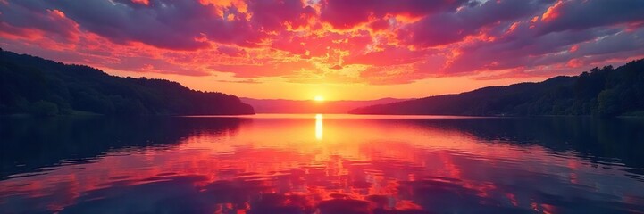 Vibrant sunset over a serene lake, reflecting the fiery colors of the sky  Perfect for travel, nature, and landscape projects  Ideal for calming and inspiring visuals ,  view,  peaceful,  spectacular