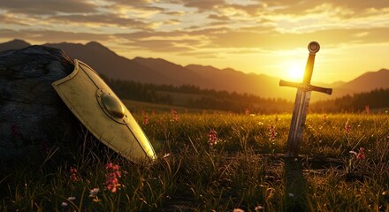 Sacred Sunset Sentinel: Sword and Shield in Tranquil Valley