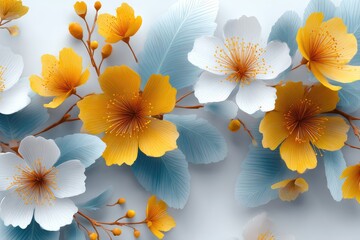 Obraz premium Delicate floral arrangement of white and yellow blossoms with light blue leaves.