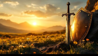 Sacred Sunset Sentinel: Sword and Shield in Tranquil Valley
