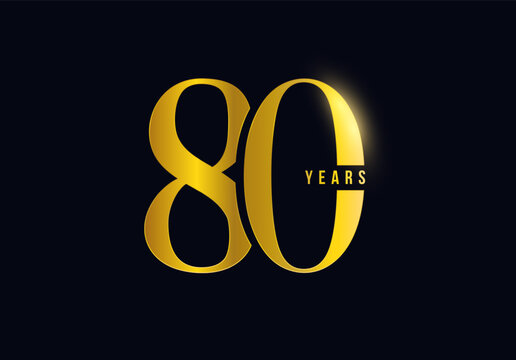 80 Years Anniversary Logo Celebration Design on Dark Background for corporate branding, business event, invitation, milestone promo. 80th numbers gold typography for luxury brand. Vector illustration
