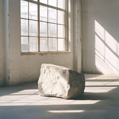 A large, rough-hewn stone rests on a worn concrete floor in a sunlit, industrial-style room with a large window.  The light casts strong shadows