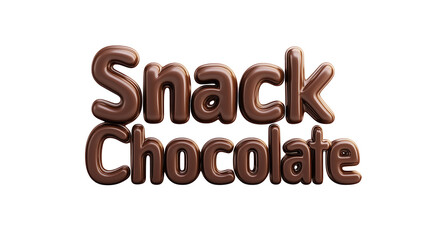 Chocolate style 3d text design with glossy brown letters forming the words snack chocolate on transparent background