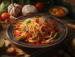 A vibrant and spicy Thai papaya salad (Som Tum)