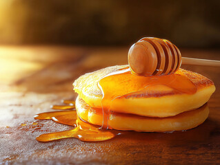 Golden honey dripping onto a stack of fluffy pancakes, creating a tempting breakfast scene