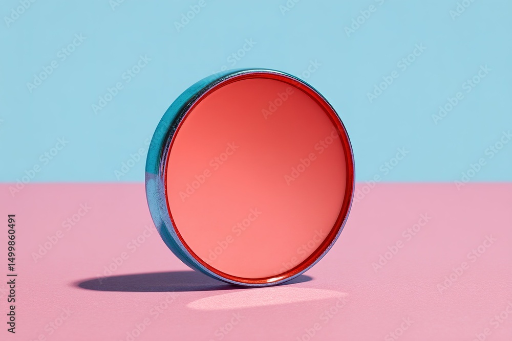 Poster colorful circular object with a vivid red surface placed on a pastel pink and blue background in a m