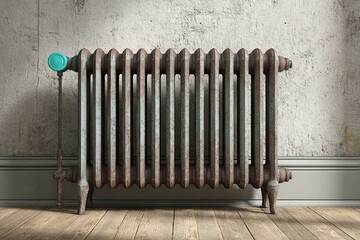 Vintage radiator with turquoise valve in industrial-style room setting near wooden floor