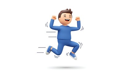 Animated character joyfully leaping with arms raised on a clean