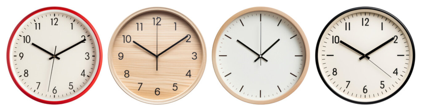 PNG Diverse analog wall clocks displayed, element set on transparent background