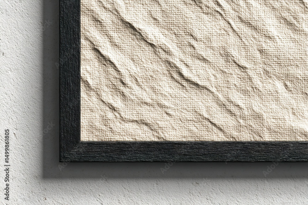 Poster wall art featuring textured paper in a black frame displayed on a gray wall with subtle shadows at m