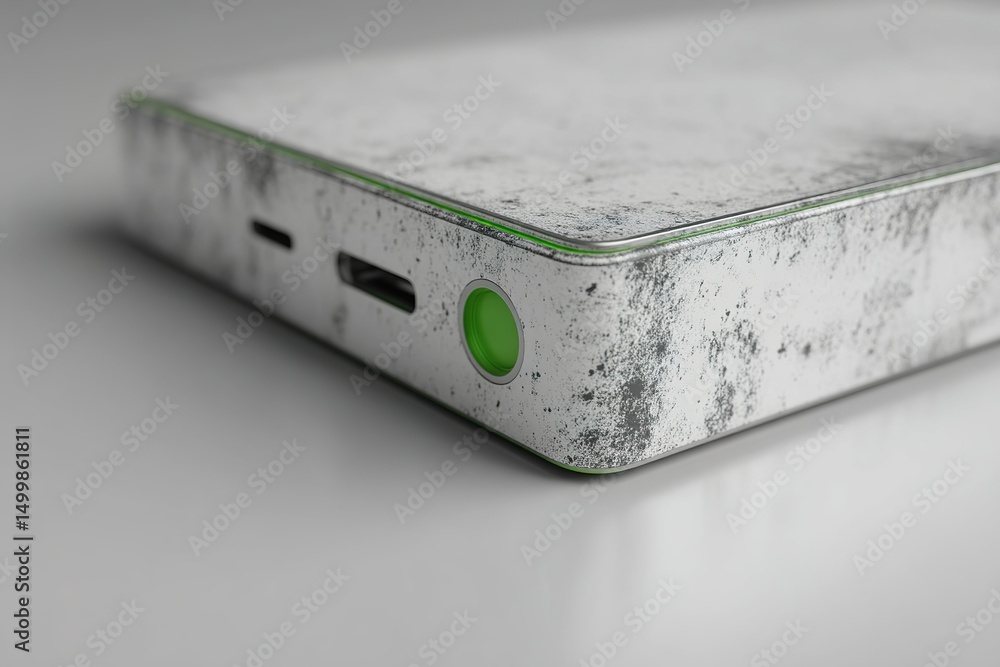 Poster details of a modern electronic device with a textured surface and various ports and buttons in a cle