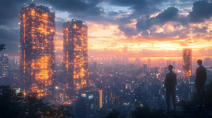 Fototapeta premium Glowing towers rise over a vast cityscape as two figures observe from a hill, bathed in the light of dusk