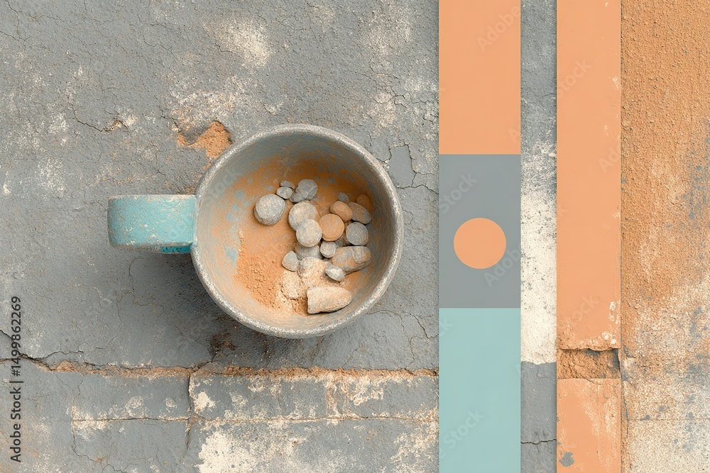 Poster bowl filled with colorful stones and dust on a textured surface in an artistic setting showcasing vi