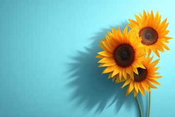 Obraz premium Three vibrant sunflowers against a pale turquoise background.