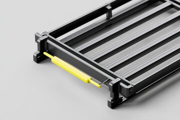 Metal rack with yellow handle for organizing and storing items in a modern workspace or home setting