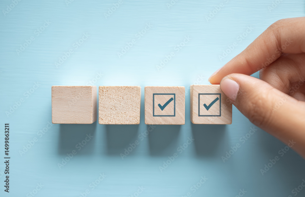 Poster efficient task management with wooden blocks check marks organization productivity planning hand lig
