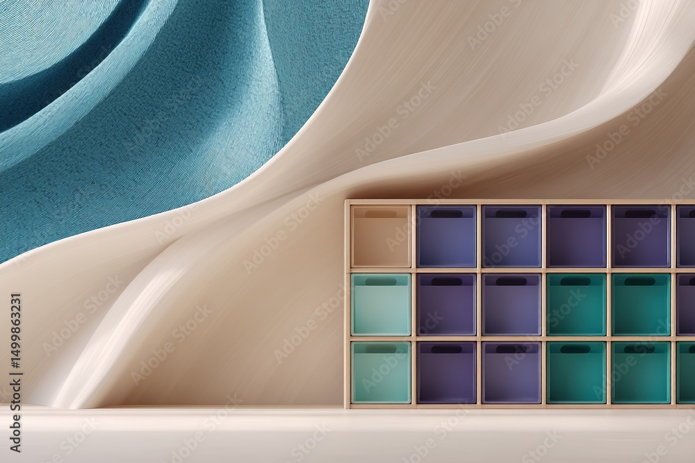 Poster modern design workspace with colorful storage boxes and textured wall features in a creative environ