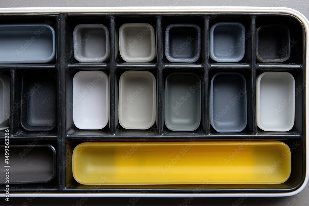 Poster artistic array of rectangular paint containers organized by color in a compact storage tray