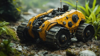 Yellow tracked vehicle in a lush, misty forest