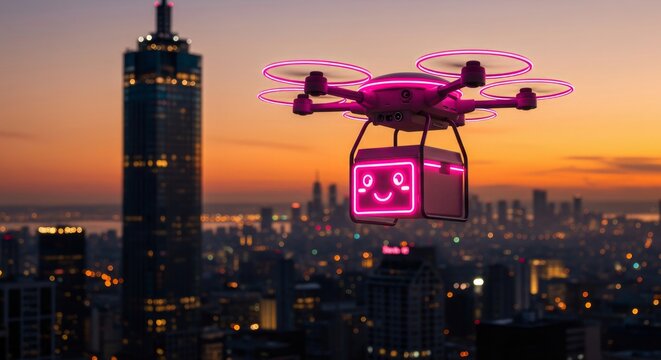 Drone delivering a glowing happy package over a city at sunset. Futuristic delivery service concept for urban logistics.