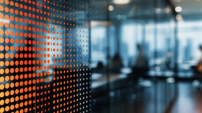 Modern office interior with dotted glass panel reflecting city skyline and blurred figures