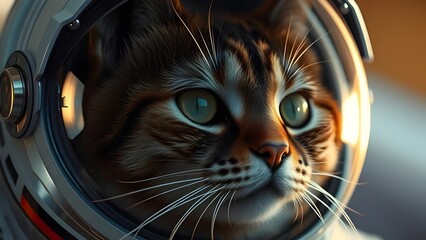 A realistic close-up of a tabby cat wearing a detailed astronaut helmet, looking off into the distance with curious green eyes