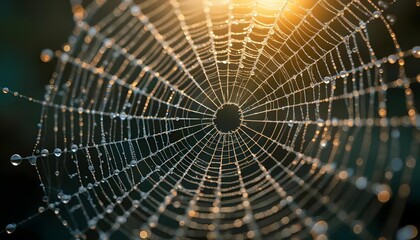A delicate spider web adorned with glistening dewdrops, illuminated by a warm, golden sunlight from the upper right, creating a natural and intricate pattern.