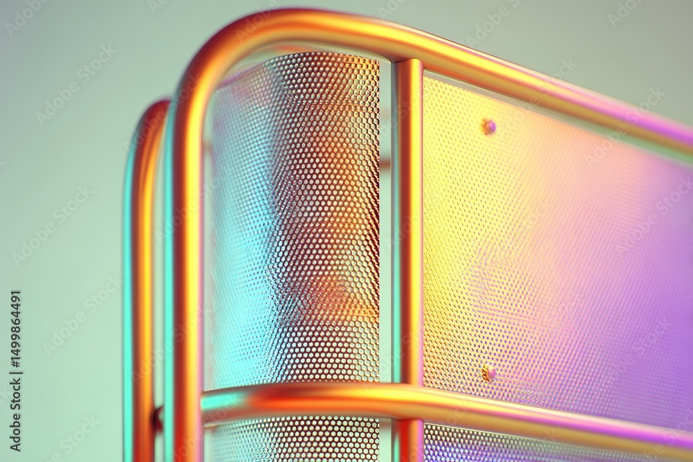 Poster metallic mesh structure in vibrant colors reflecting light in a modern artistic display setting