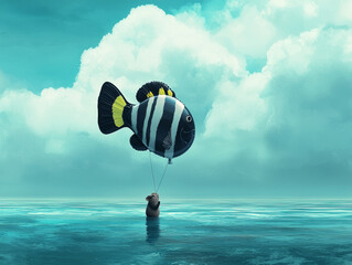Ocean voyage: tiny creature holds fish balloon