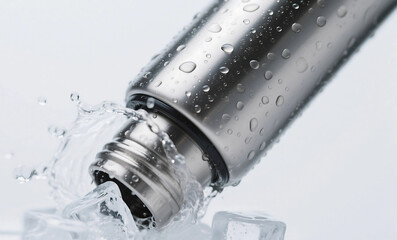 Stainless Steel Reusable Water Bottle with Ice Splash and Condensation Droplets on Cold Metal Surface