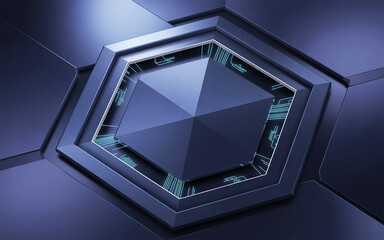 Futuristic 3d design of a geometric shape and technological circuitry in blue tones