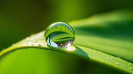 Close-Up of Dewdrop on Green Leaf in Morning Light