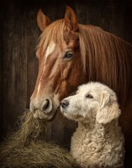 Obraz premium A horse and a dog eating hay from a pile of hay
