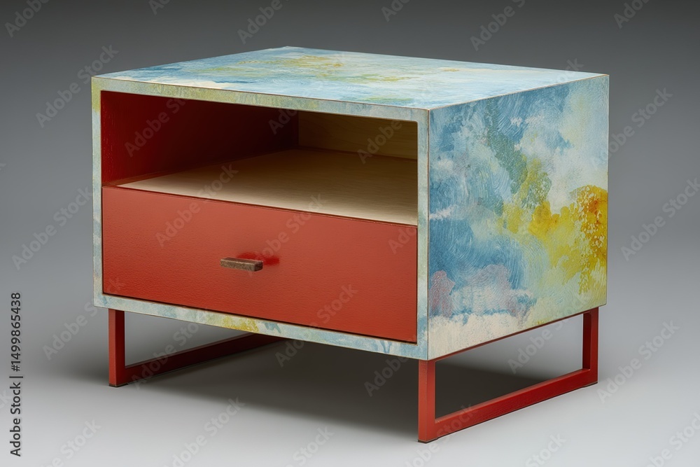 Poster colorful modern nightstand with abstract design on drawer and sides positioned for display in a stud